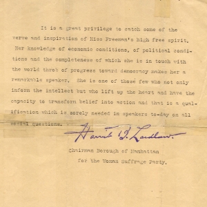 Harriet B. Laidlaw, suffrage leader, recommending EF as a speaker