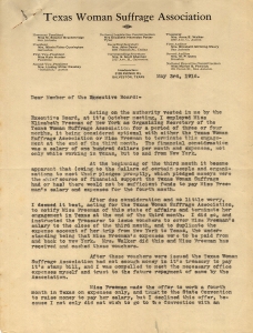 Texas Woman Suffrage Association letter regarding EF employment dispute, p1