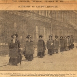 Photo of actresses as “sandwich women” advertising suffrage play