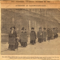 Photo of actresses as “sandwich women” advertising suffrage play Photo of actresses as “sandwich women” advertising suffrage play