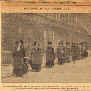 Photo of actresses as “sandwich women” advertising suffrage play Photo of actresses as “sandwich women” advertising suffrage play